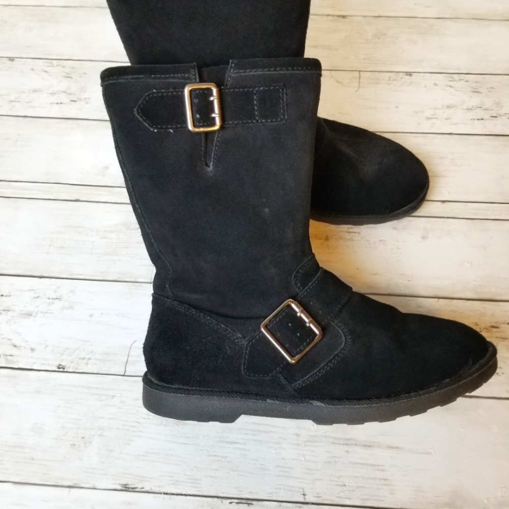 Unr8ted Rim Black Suede Leather Faux Fur Mid Calf Buckle Detail Pull On Boots